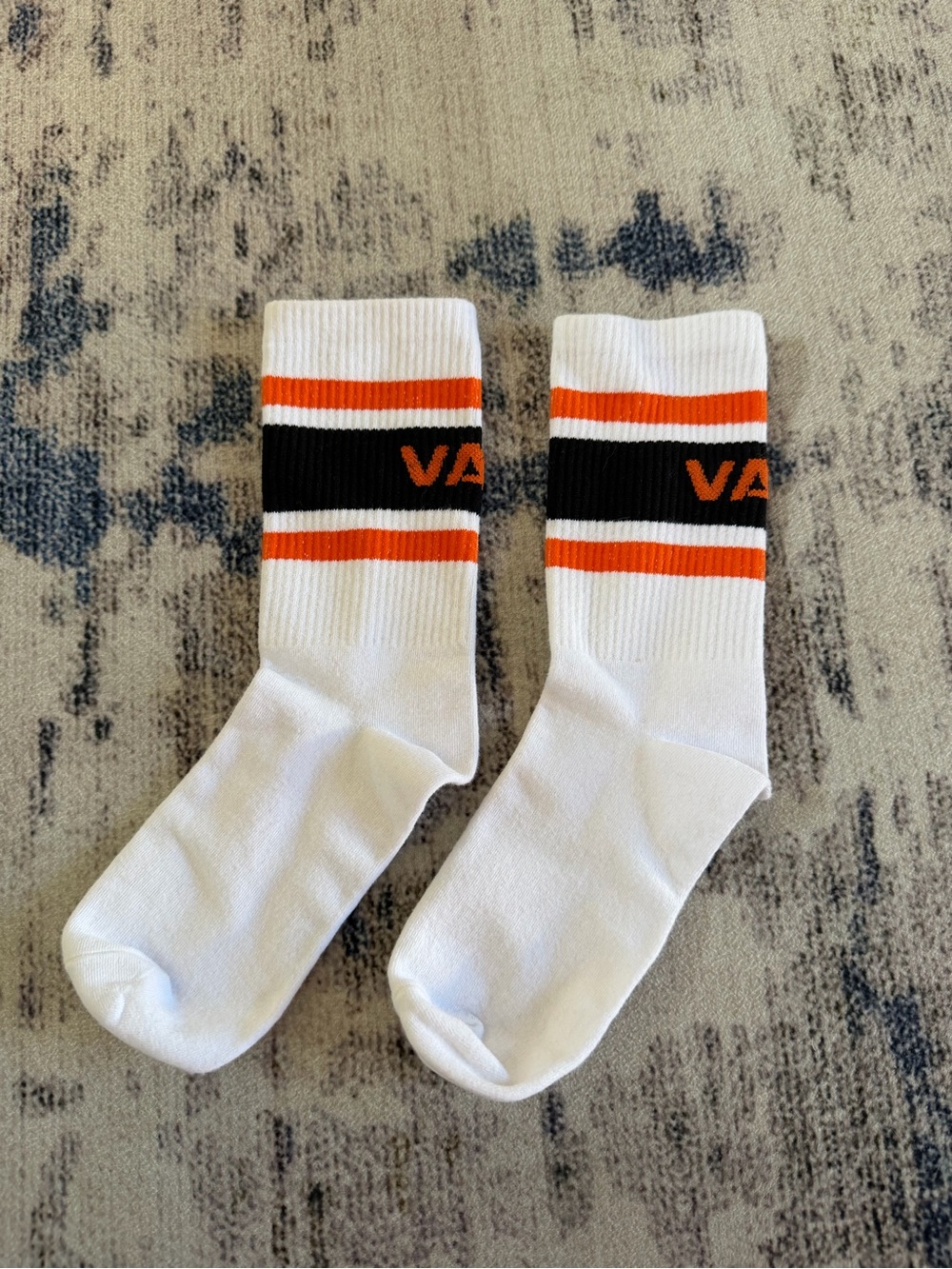 VALD White Crew Socks with Orange and Black Stripes